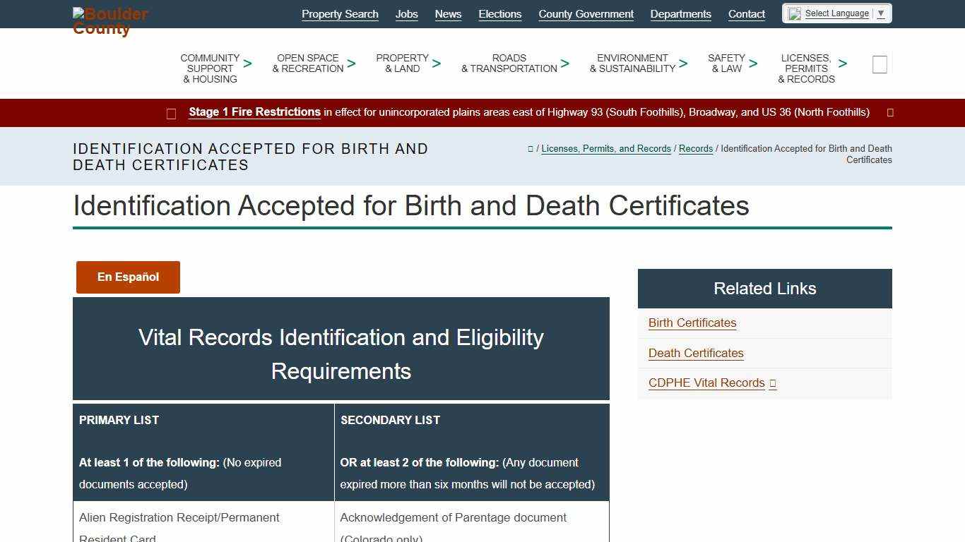 Identification Accepted for Birth and Death Certificates - Boulder County