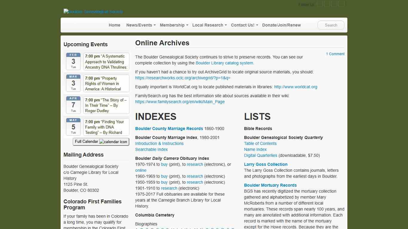 Online Archives Boulder Genealogical Society